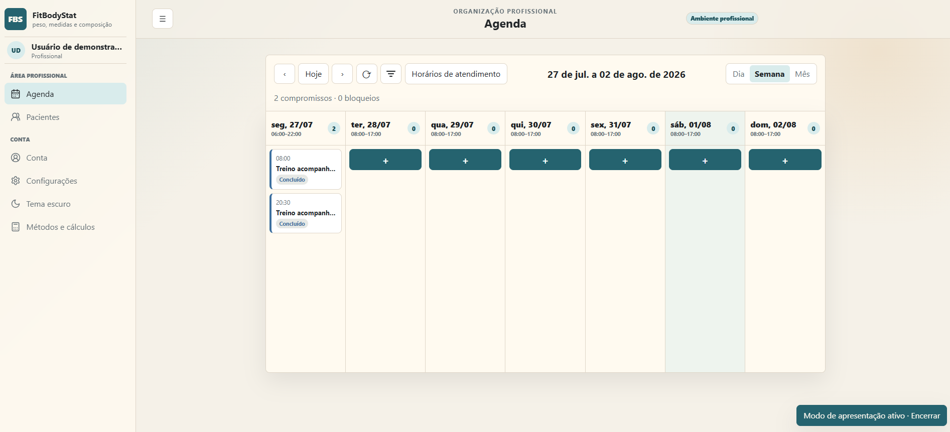 Agenda semanal do ambiente profissional FitBodyStat